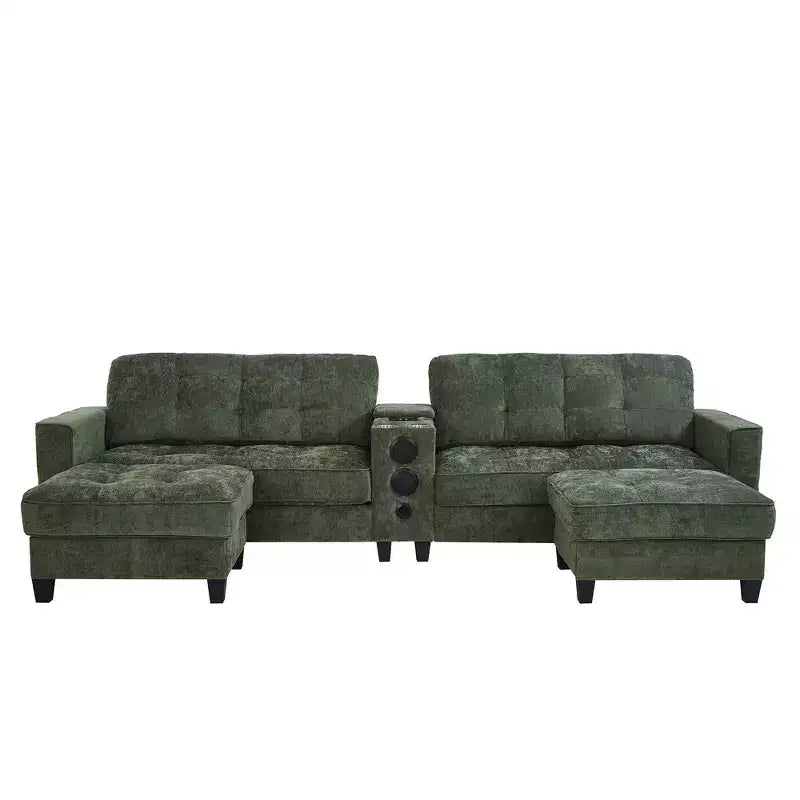 Canapé sectionnel Whisen 126 avec console centrale, porte-gobelets, sectionnel en U, haut-parleurs Bluetooth intégrés et 2 poufs de rangement pour salon