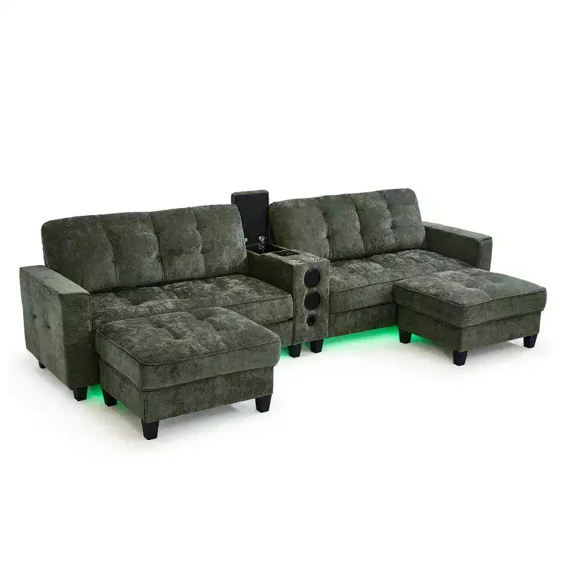 Canapé sectionnel Whisen 126 avec console centrale, porte-gobelets, sectionnel en U, haut-parleurs Bluetooth intégrés et 2 poufs de rangement pour salon