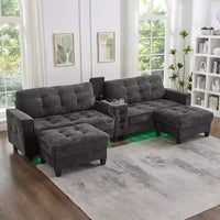 Canapé d'angle Whisen 126 avec console centrale, porte-gobelets, forme en U, haut-parleurs Bluetooth intégrés et 2 poufs de rangement pour le salon