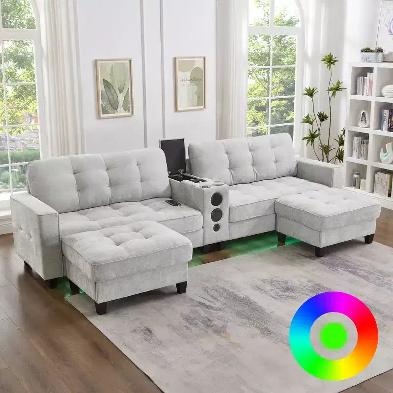Canapé sectionnel Whisen 126 avec console centrale, porte-gobelets, sectionnel en U, haut-parleurs Bluetooth intégrés et 2 poufs de rangement pour salon