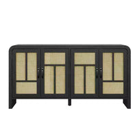 Buffet 4 portes en rotin noir, bahut bohème avec étagères réglables, accent bois pour salle à manger et salon
