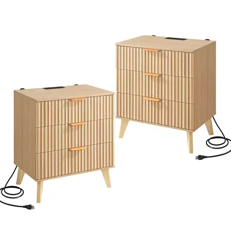 VEVOR tables de chevet cannelées avec station de recharge, lot de 2, commode pour chambre avec 3 tiroirs, table d'appoint moderne mid-century, commode, brun