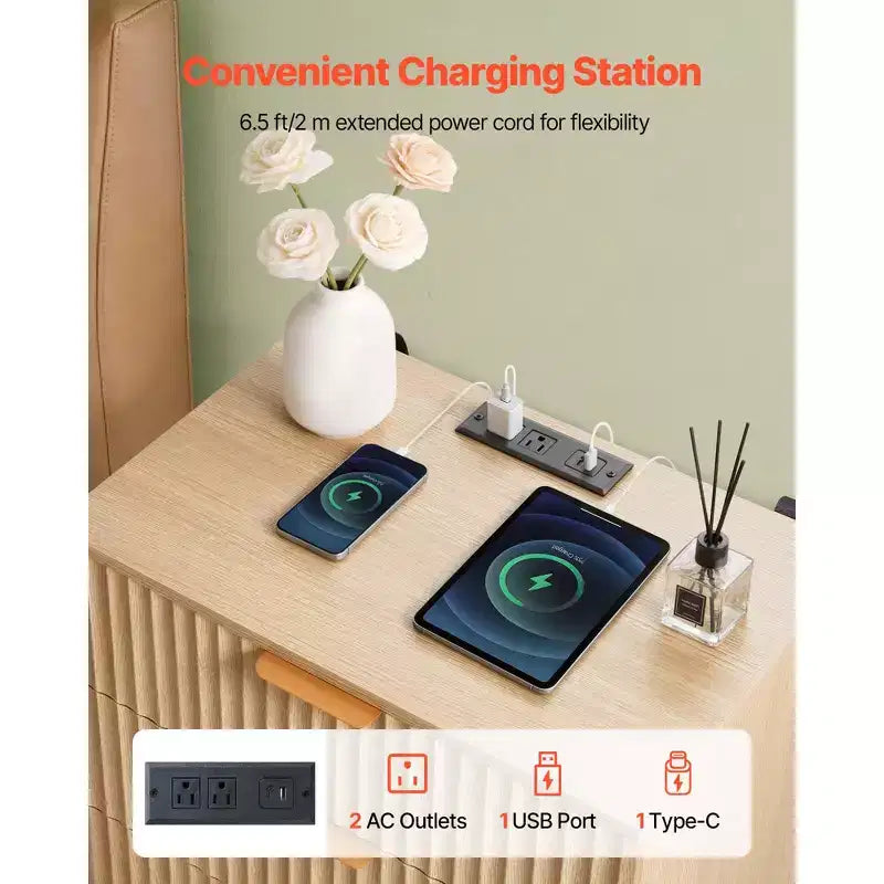 VEVOR tables de chevet cannelées avec station de recharge, lot de 2, commode pour chambre avec 3 tiroirs, table d'appoint moderne mid-century, commode, brun