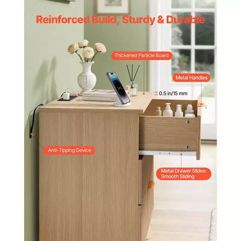 VEVOR tables de chevet cannelées avec station de recharge, lot de 2, commode pour chambre avec 3 tiroirs, table d'appoint moderne mid-century, commode, brun
