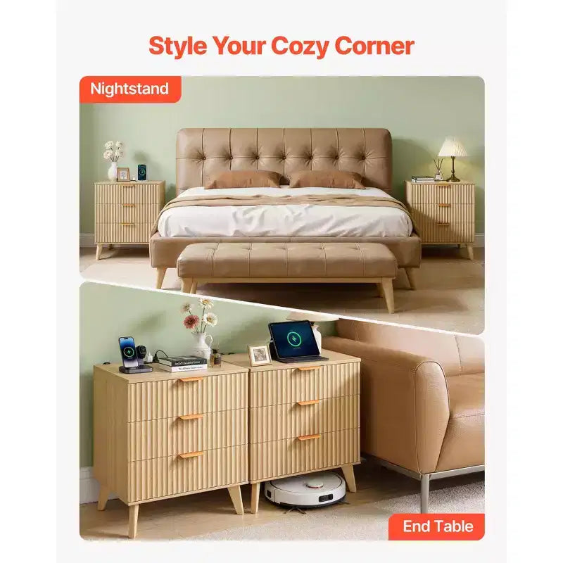 VEVOR tables de chevet cannelées avec station de recharge, lot de 2, commode pour chambre avec 3 tiroirs, table d'appoint moderne mid-century, commode, brun