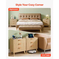 VEVOR tables de chevet cannelées avec station de recharge, lot de 2, commode pour chambre avec 3 tiroirs, table d'appoint moderne mid-century, commode, brun