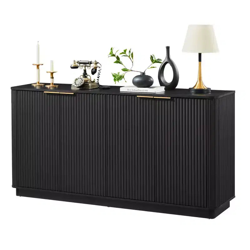 Buffet enfilade JVNOXK 63 po à rayures verticales avec rangement, meuble TV au design ondulé incurvé pour salon, chambre, couloir, noir
