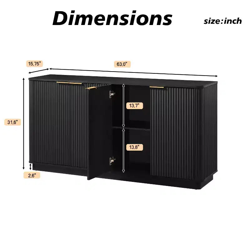 Buffet enfilade JVNOXK 63 po à rayures verticales avec rangement, meuble TV au design ondulé incurvé pour salon, chambre, couloir, noir