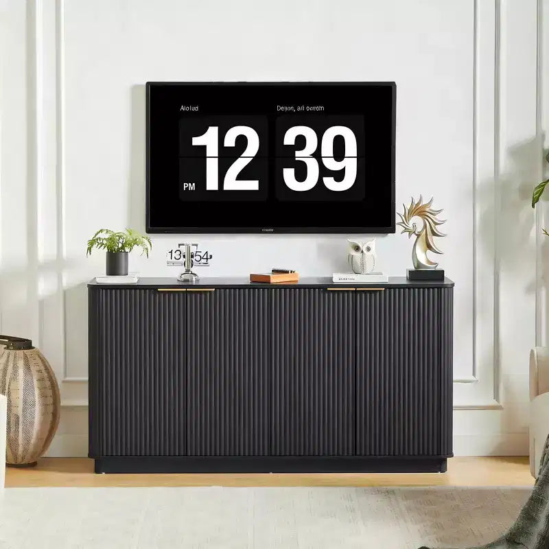 Buffet enfilade JVNOXK 63 po à rayures verticales avec rangement, meuble TV au design ondulé incurvé pour salon, chambre, couloir, noir