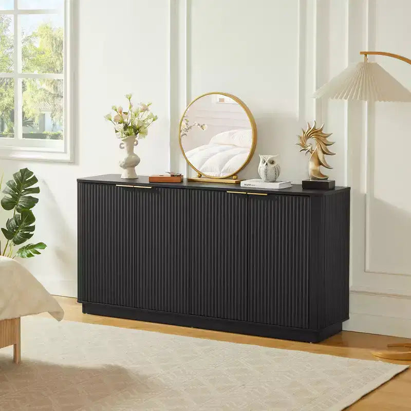 Buffet enfilade JVNOXK 63 po à rayures verticales avec rangement, meuble TV au design ondulé incurvé pour salon, chambre, couloir, noir