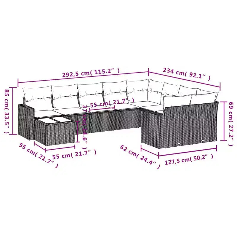Ensemble canapé de jardin vidaXL en rotin PE noir, moyen à grand, pieds réglables