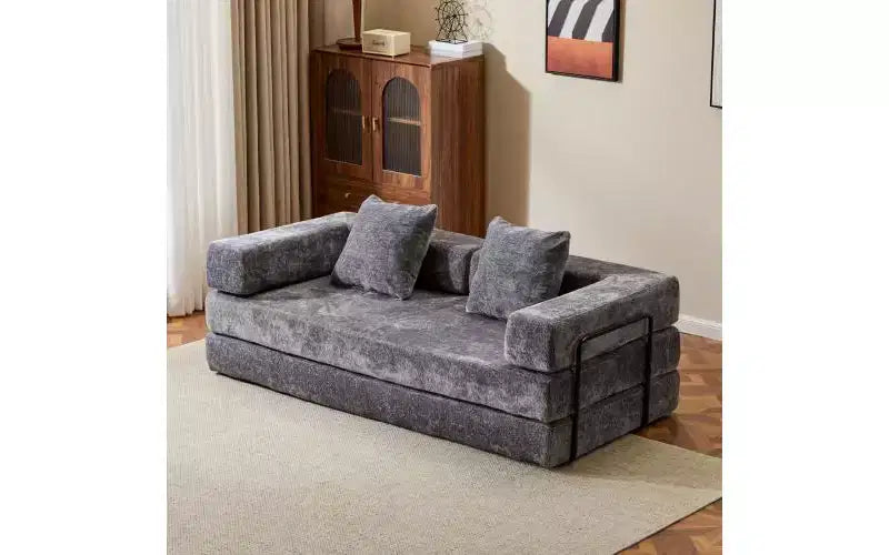 MooxvMoo Canapé-lit convertible, futon en velours côtelé avec oreillers, pour salon et chambre, gris