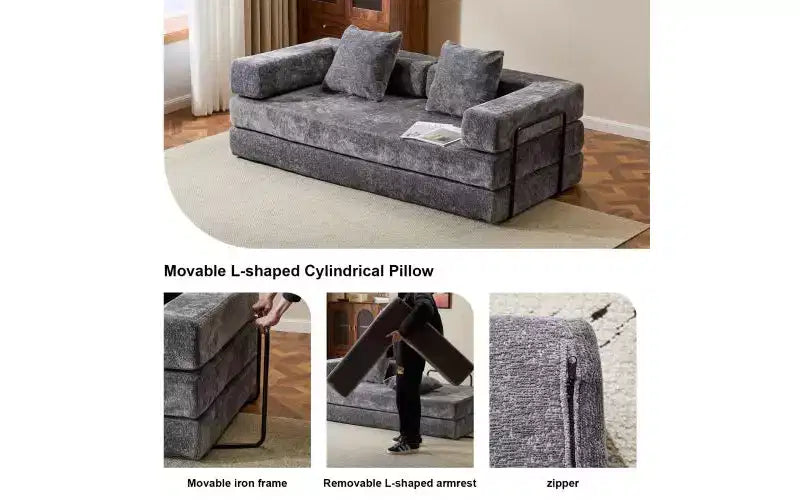Canapé-lit de sol convertible MooxvMoo, futon en velours côtelé avec coussin, pour salon ou chambre, gris