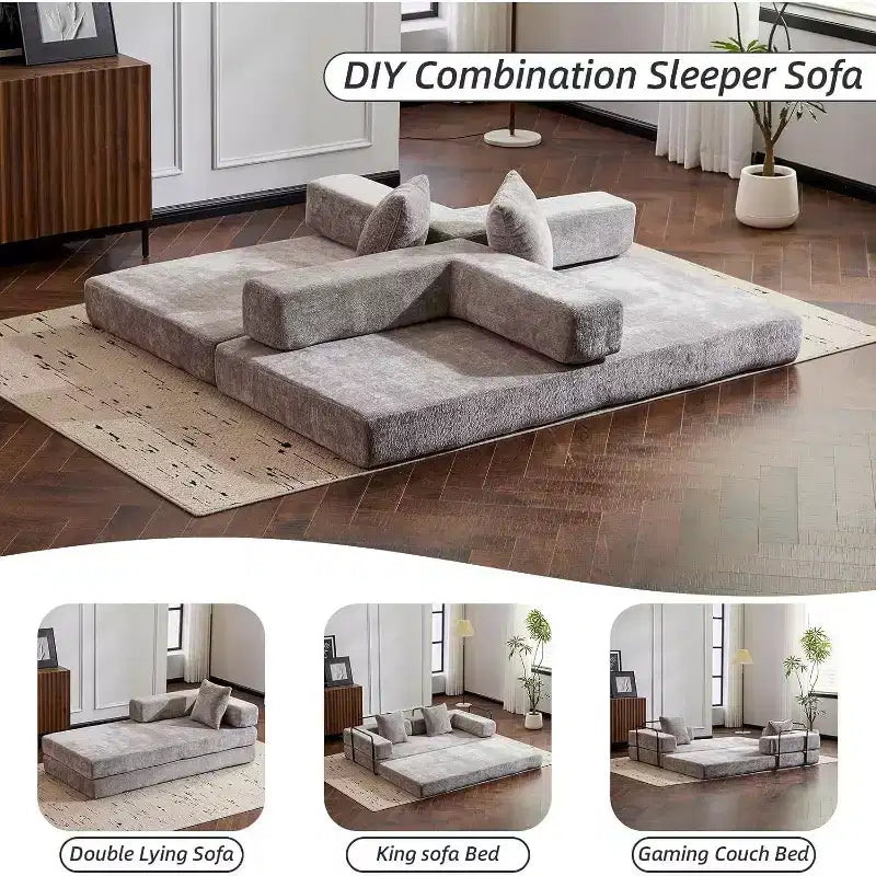 Canapé-lit de sol convertible MooxvMoo, futon en velours côtelé avec coussin, pour salon ou chambre, gris clair