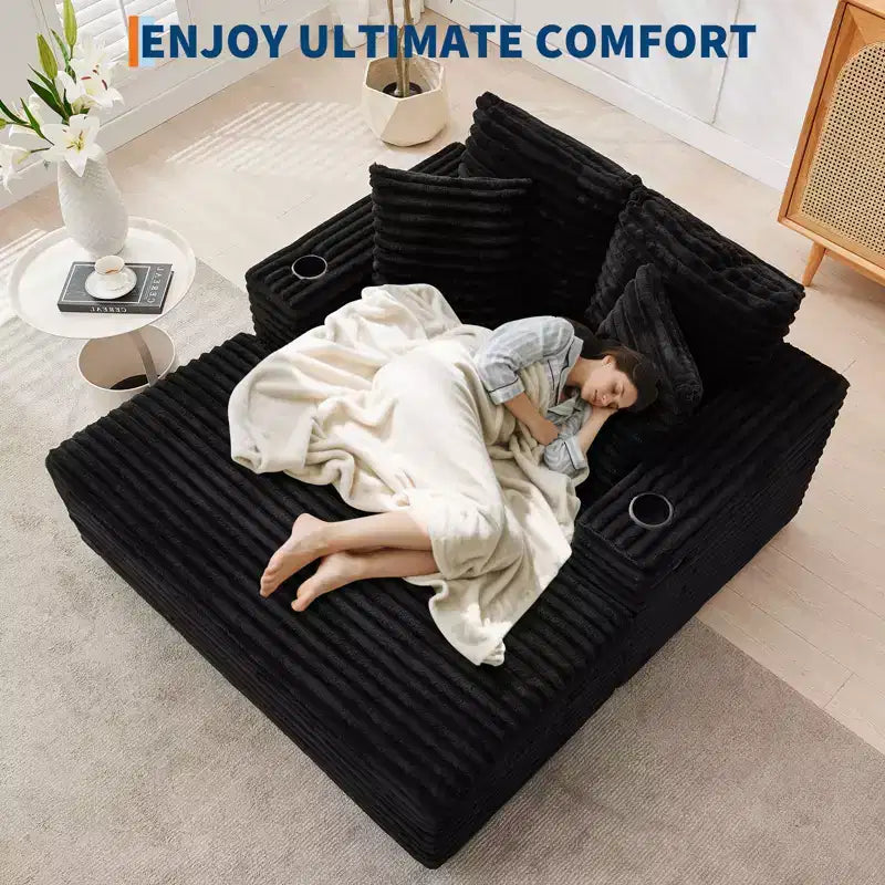 Chaise longue GustoWave 54 en velours côtelé, canapé-lit surdimensionné avec porte-gobelets et coussins, meuble de salon vert