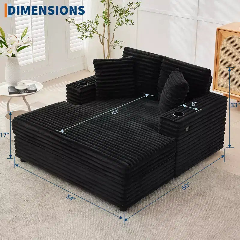 Chaise longue GustoWave 54 en velours côtelé, canapé-lit surdimensionné avec porte-gobelets et coussins, meuble de salon vert