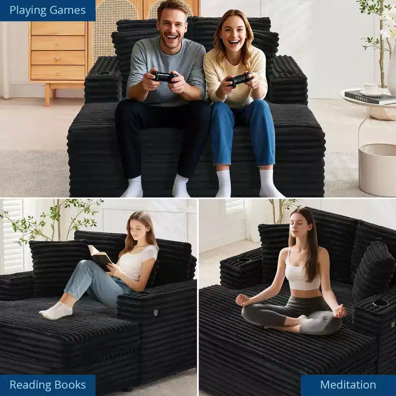 Chaise longue GustoWave 54 en velours côtelé, canapé-lit surdimensionné avec porte-gobelets et coussins, meuble de salon vert