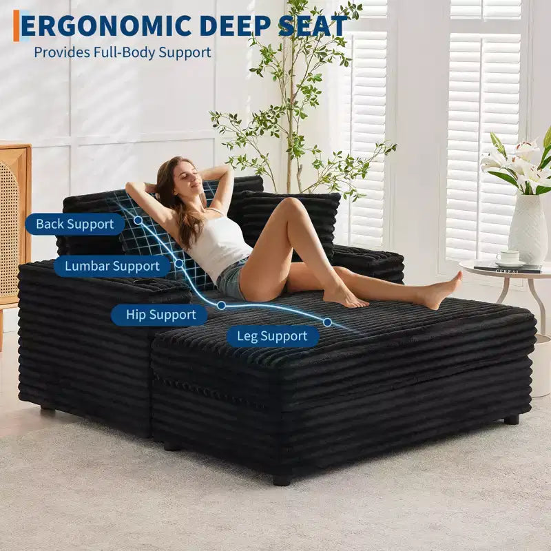 Chaise longue GustoWave 54 en velours côtelé, canapé-lit surdimensionné avec porte-gobelets et coussins, meuble de salon vert