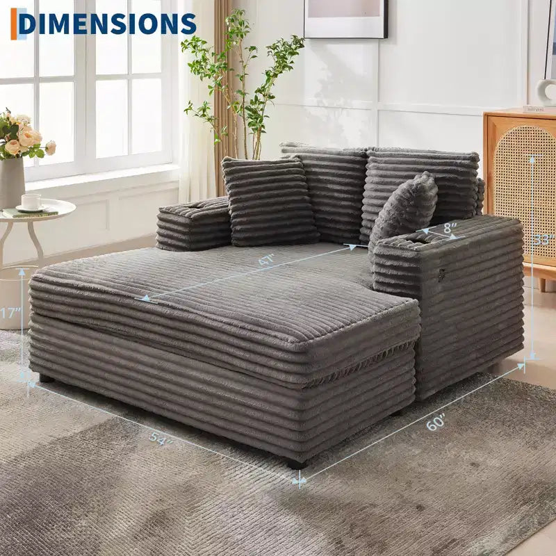 Chaise longue GustoWave 54 en velours côtelé, canapé-lit surdimensionné avec porte-gobelets et coussins, meuble de salon vert