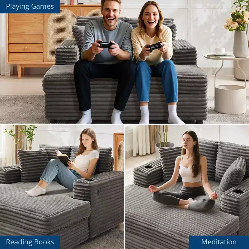 Chaise longue GustoWave 54 en velours côtelé, canapé-lit surdimensionné avec porte-gobelets et coussins, meuble de salon vert