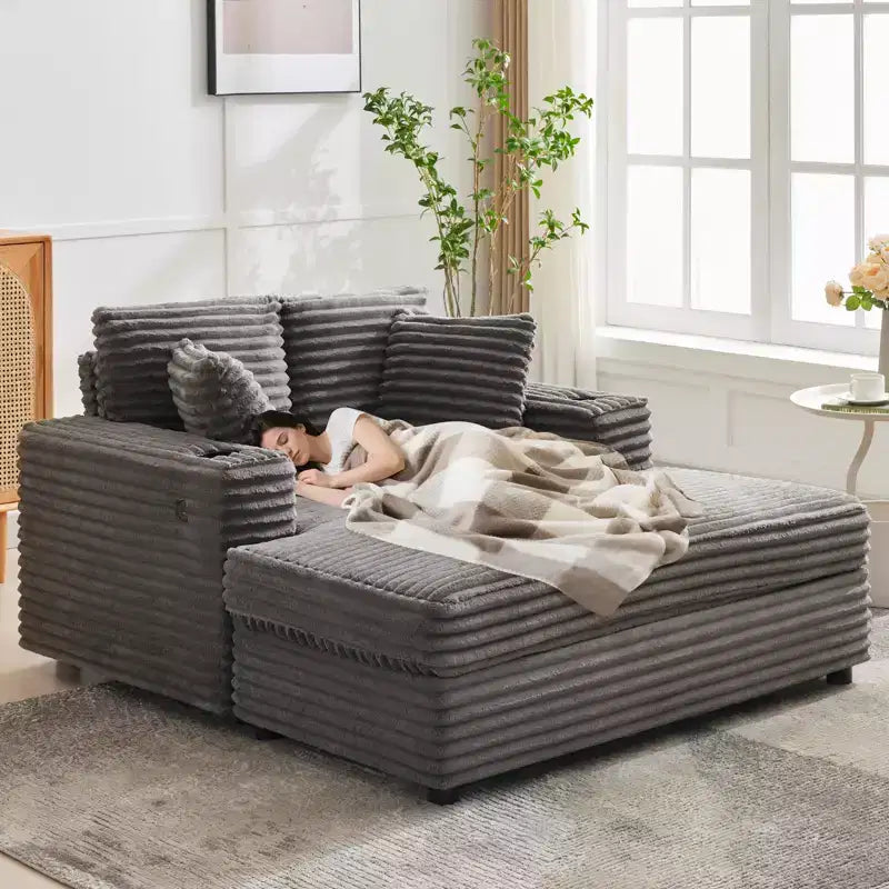 Chaise longue GustoWave 54 en velours côtelé, canapé-lit surdimensionné avec porte-gobelets et coussins, meuble de salon vert