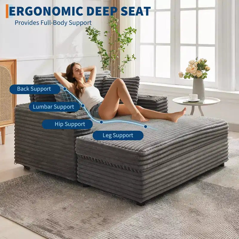Chaise longue GustoWave 54 en velours côtelé, canapé-lit surdimensionné avec porte-gobelets et coussins, meuble de salon vert