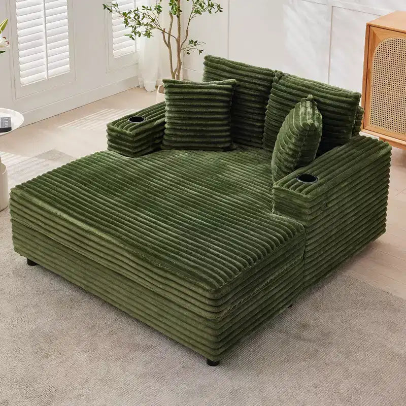 Chaise longue GustoWave 54 en velours côtelé, canapé-lit surdimensionné avec porte-gobelets et coussins, meuble de salon vert