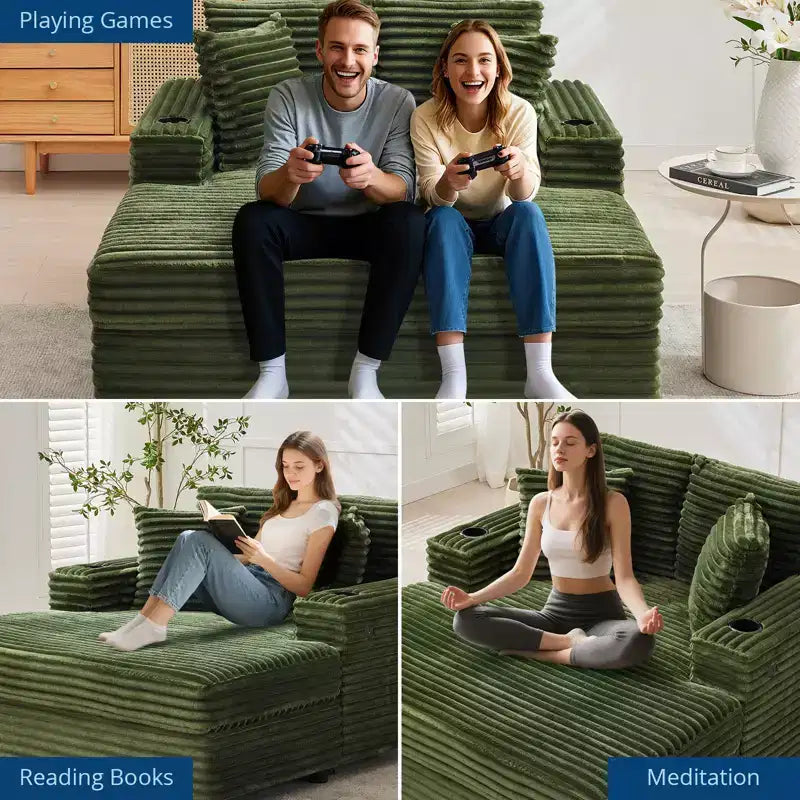 Chaise longue GustoWave 54 en velours côtelé, canapé-lit surdimensionné avec porte-gobelets et coussins, meuble de salon vert