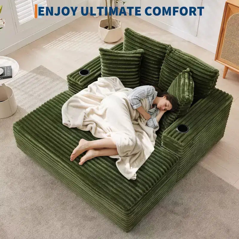 Chaise longue GustoWave 54 en velours côtelé, canapé-lit surdimensionné avec porte-gobelets et coussins, meuble de salon vert