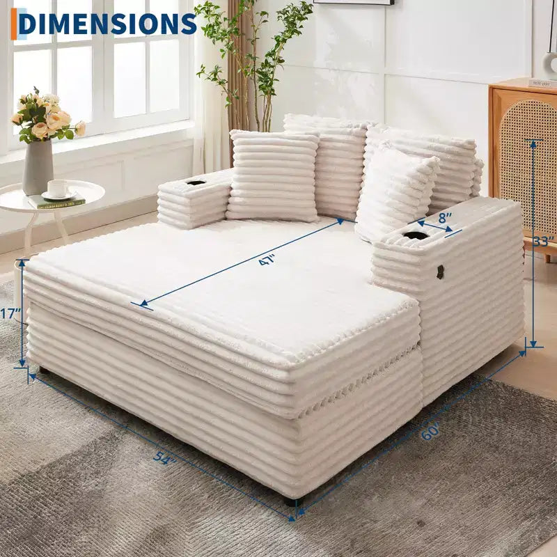 Chaise longue GustoWave 54 en velours côtelé, canapé-lit surdimensionné avec porte-gobelets et coussins, meuble de salon vert