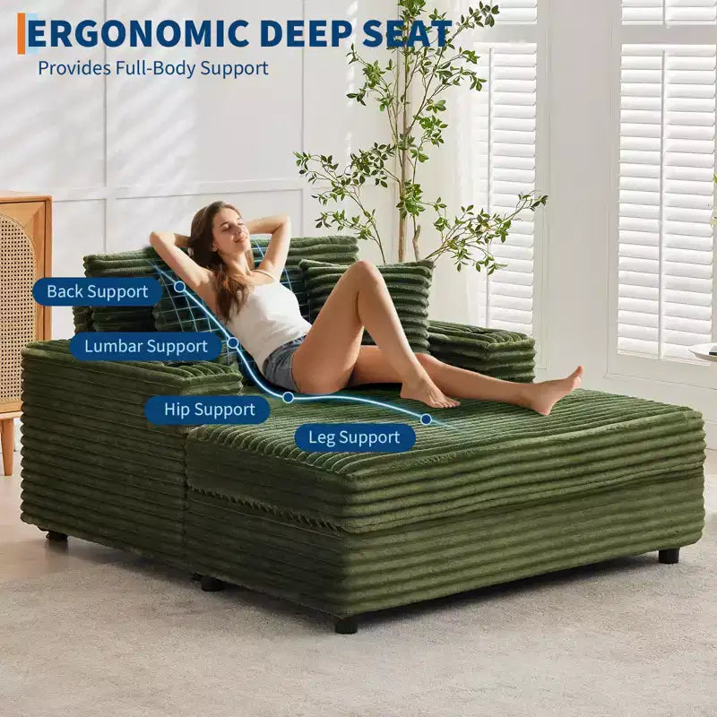 Chaise longue GustoWave 54 en velours côtelé, canapé-lit surdimensionné avec porte-gobelets et coussins, meuble de salon vert