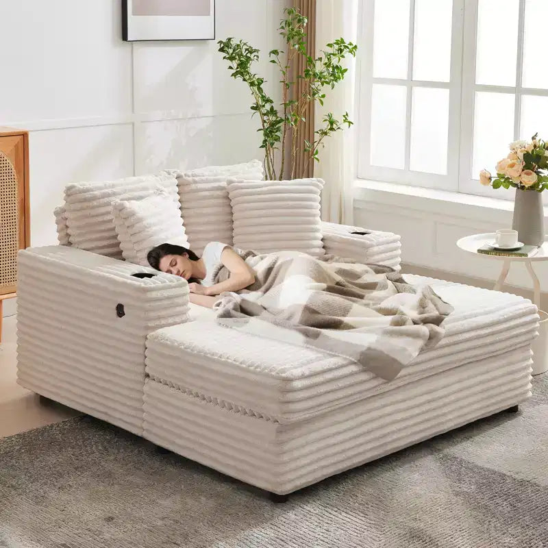 Chaise longue GustoWave 54 en velours côtelé, canapé-lit surdimensionné avec porte-gobelets et coussins, meuble de salon vert
