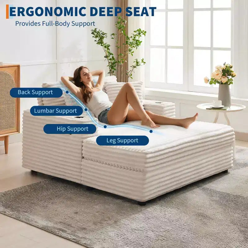 Chaise longue GustoWave 54 en velours côtelé, canapé-lit surdimensionné avec porte-gobelets et coussins, meuble de salon vert