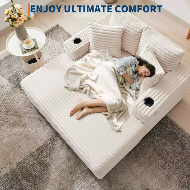 Chaise longue GustoWave 54 en velours côtelé, canapé-lit surdimensionné avec porte-gobelets et coussins, meuble de salon vert
