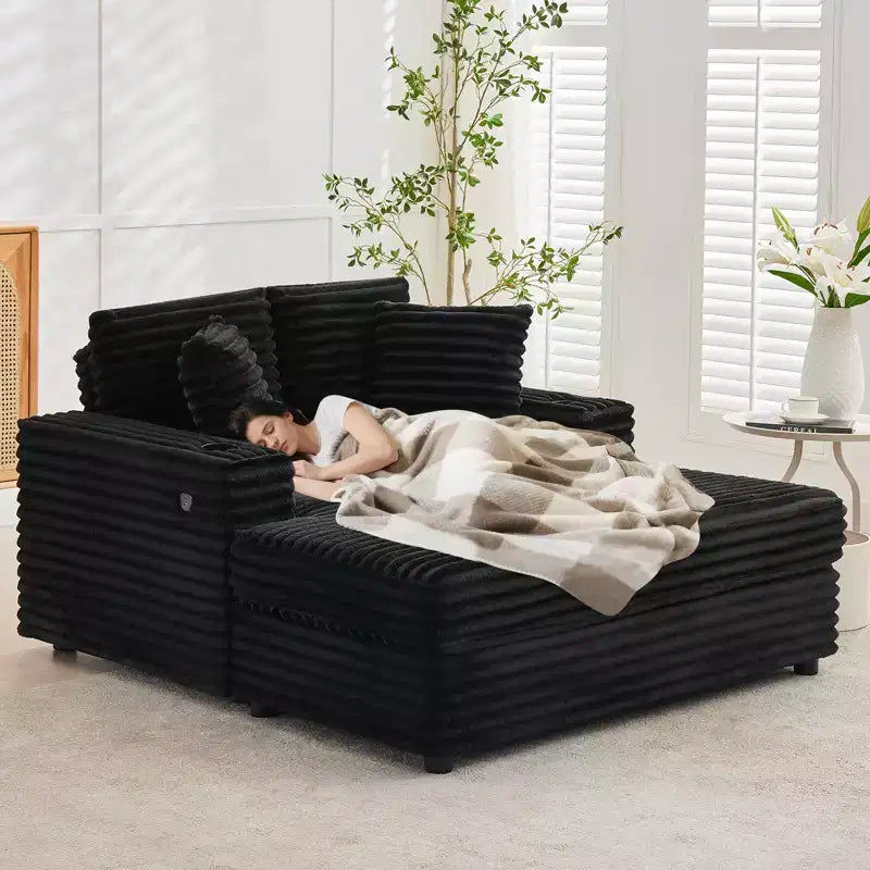 Chaise longue GustoWave 54 en velours côtelé, canapé-lit surdimensionné avec porte-gobelets et coussins, meuble de salon vert