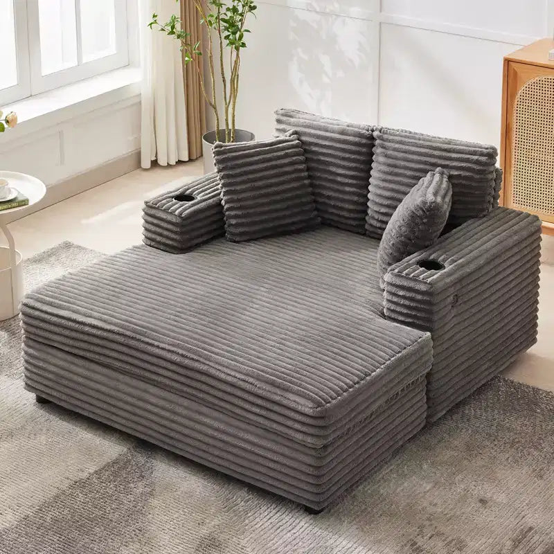 Chaise longue GustoWave 54 en velours côtelé, canapé-lit surdimensionné avec porte-gobelets et coussins, meuble de salon vert