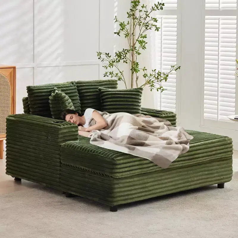 Chaise longue GustoWave 54 en velours côtelé, canapé-lit surdimensionné avec porte-gobelets et coussins, meuble de salon vert