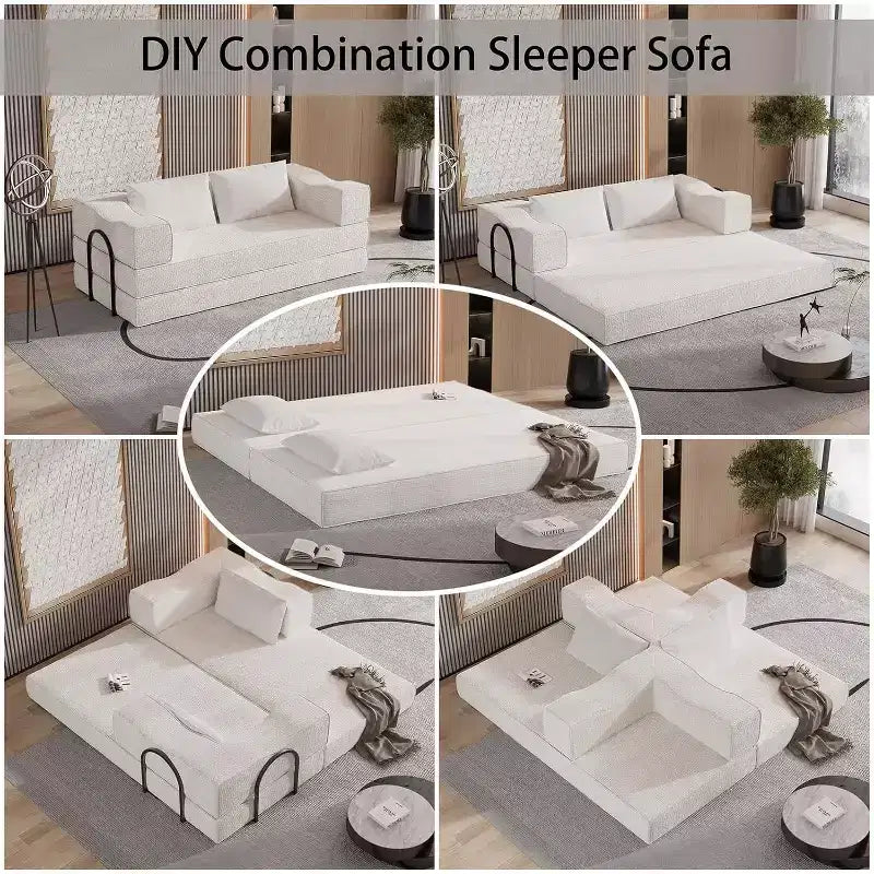 Canapé-lit convertible MooxvMoo 80 avec 2 coussins, canapé de sol 3 places, format très grand, combinaison DIY, chenille, beige blanc