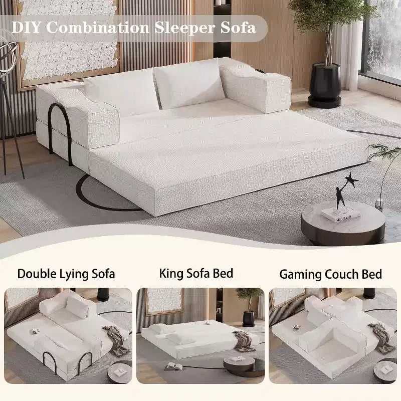 Canapé-lit convertible MooxvMoo 80 avec 2 coussins, canapé de sol 3 places, format très grand, combinaison DIY, chenille, beige blanc