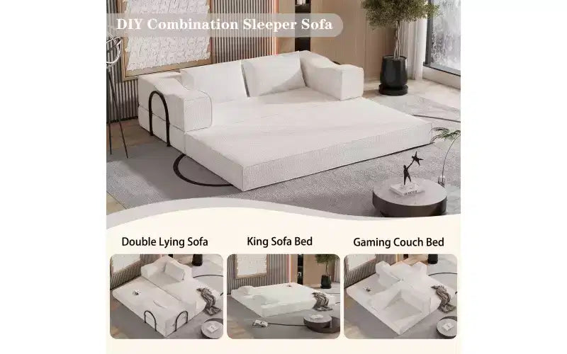 Canapé-lit convertible MooxvMoo 80 avec 2 coussins, canapé de sol 3 places, format très grand, combinaison DIY, chenille, beige blanc