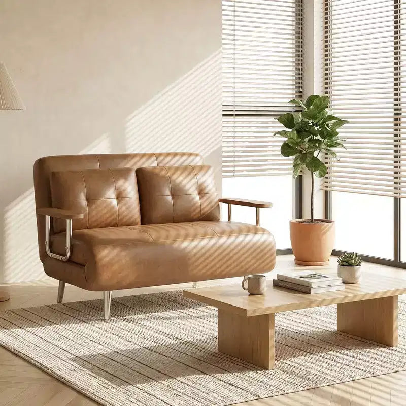 Canapé-lit convertible moderne en simili cuir, causeuse dépliable avec accoudoirs en bois, Gaoyangjiaju