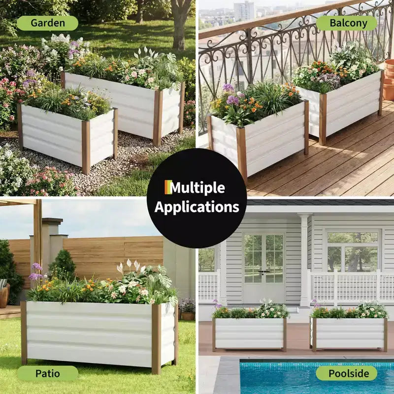Grande jardinière rectangulaire en aluminium blanc, bac de jardin surélevé extra long avec coins arrondis et bords de sécurité anti-coupure