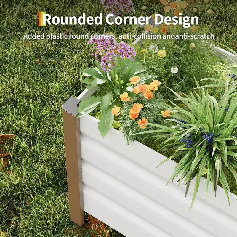 Grande jardinière rectangulaire en aluminium blanc, bac de jardin surélevé extra long avec coins arrondis et bords de sécurité anti-coupure