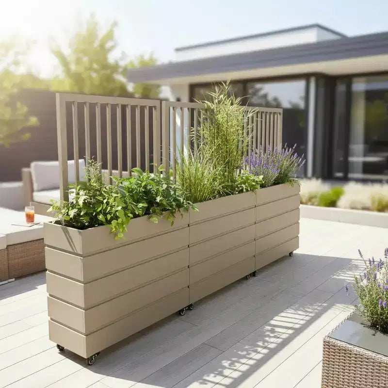 Jardinière de séparation moderne en aluminium brun cendré pour espaces intérieurs et extérieurs, jardinière d'intimité avec drainage et finition durable