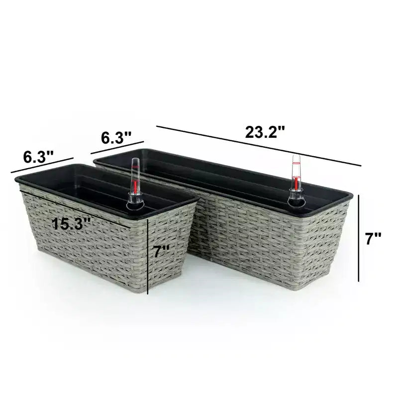 Lot de 2 jardinières rectangulaires auto-arrosantes en osier gris pour l'intérieur et l'extérieur, pot de fleurs avec réservoir, drainage et conception résistante aux intempéries