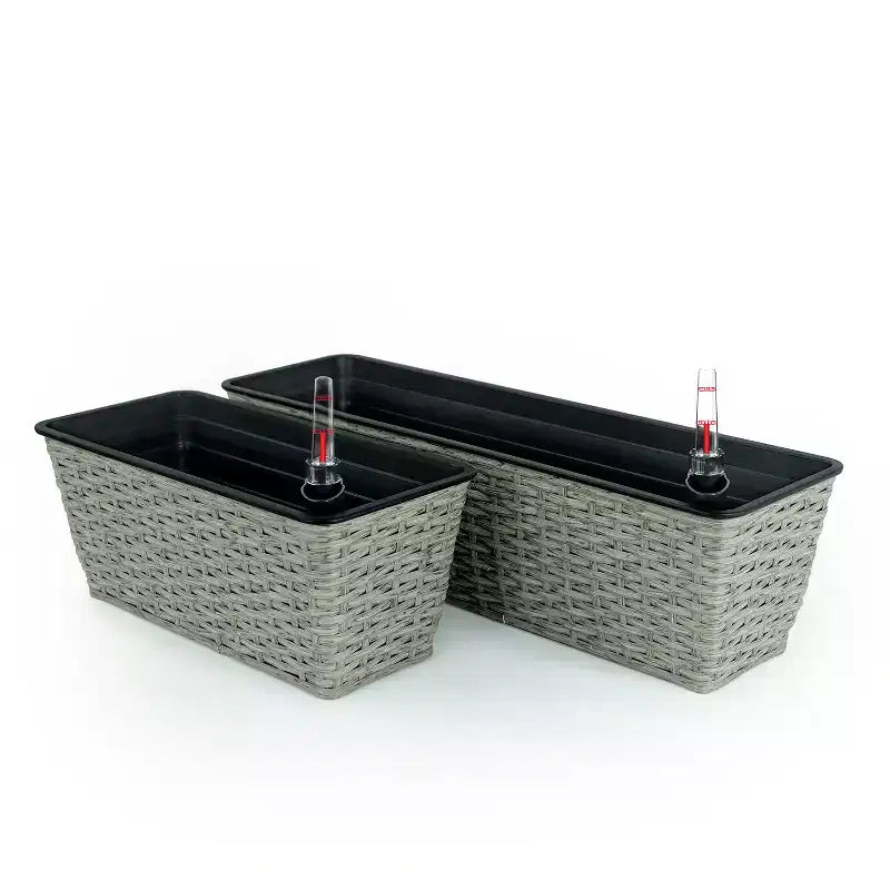 Lot de 2 jardinières rectangulaires auto-arrosantes en osier gris pour l'intérieur et l'extérieur, pot de fleurs avec réservoir, drainage et conception résistante aux intempéries