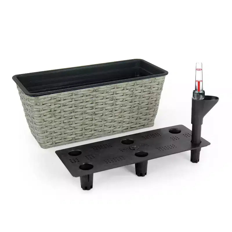 Lot de 2 jardinières rectangulaires grises en osier à arrosage automatique pour interieur/extérieur, pot de fleurs avec reservoir, drainage et design tout temps