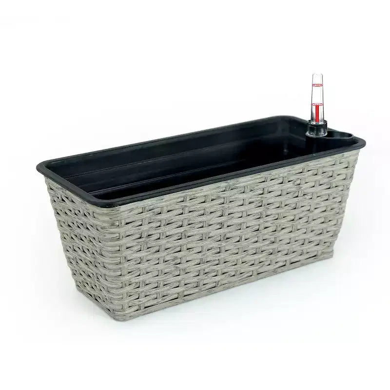 Lot de 2 jardinières rectangulaires grises en osier à arrosage automatique pour interieur/extérieur, pot de fleurs avec reservoir, drainage et design tout temps
