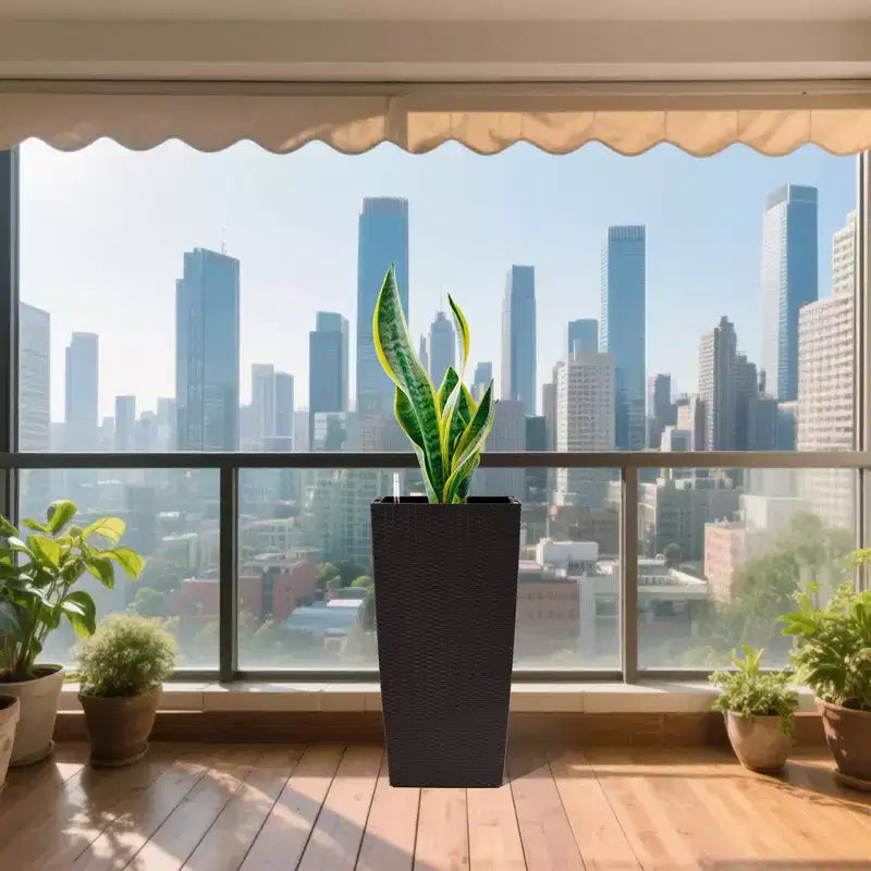 Jardinière auto-irrigante de 76 cm de haut, marron, pour l'extérieur et l'intérieur, grand pot de fleurs en faux rotin avec indicateur de niveau d'eau et seau intérieur