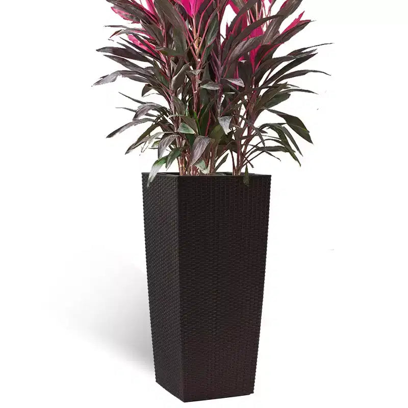 Jardinière à arrosage automatique brune 30 po de haut pour usage extérieur/interieur, grand pot de fleurs en faux rotin avec moniteur d'eau et seau interieur